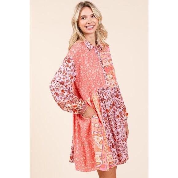 Mittoshop Floral Pattern Button Detail Long Sleeves Mini Shirt Dress | Coral - Picture 5 of 7